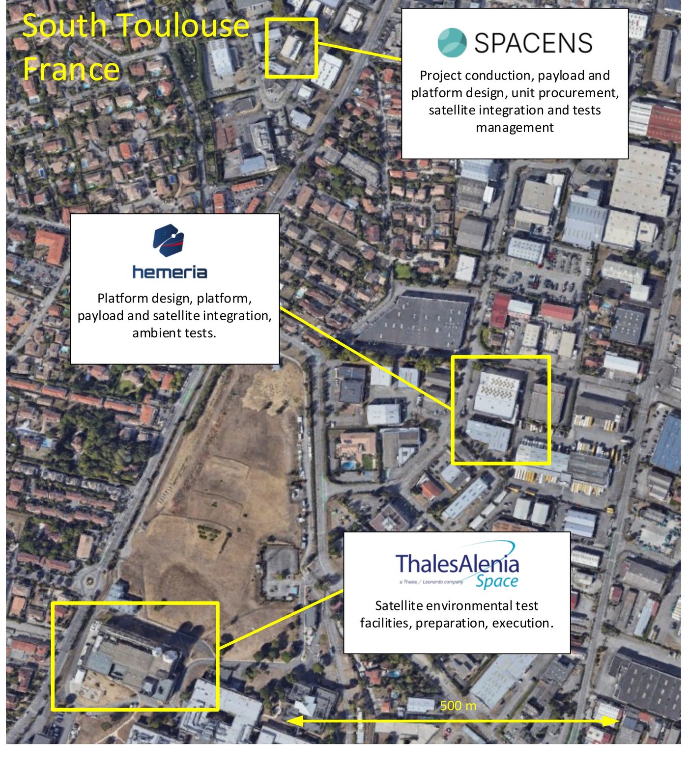 Annotated map of South Toulouse showing Spacens, Hemeria and Thales Alenia Space facilities, cleared for display by Thales Alenia Space and Hemeria